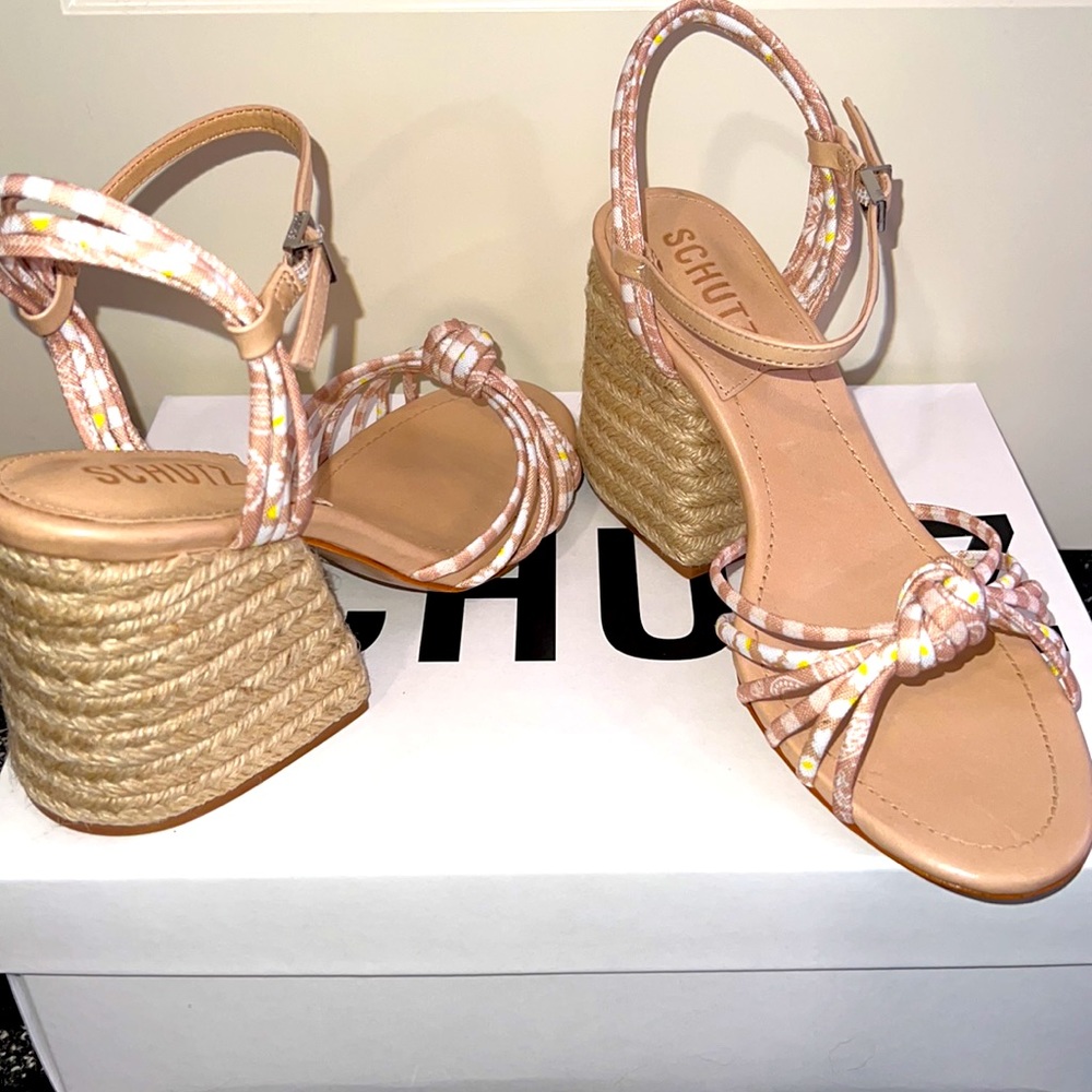 New Schutz Dahra Knotted Print Fabric Block Heel Espadrille Sandals - Picture 10 of 13